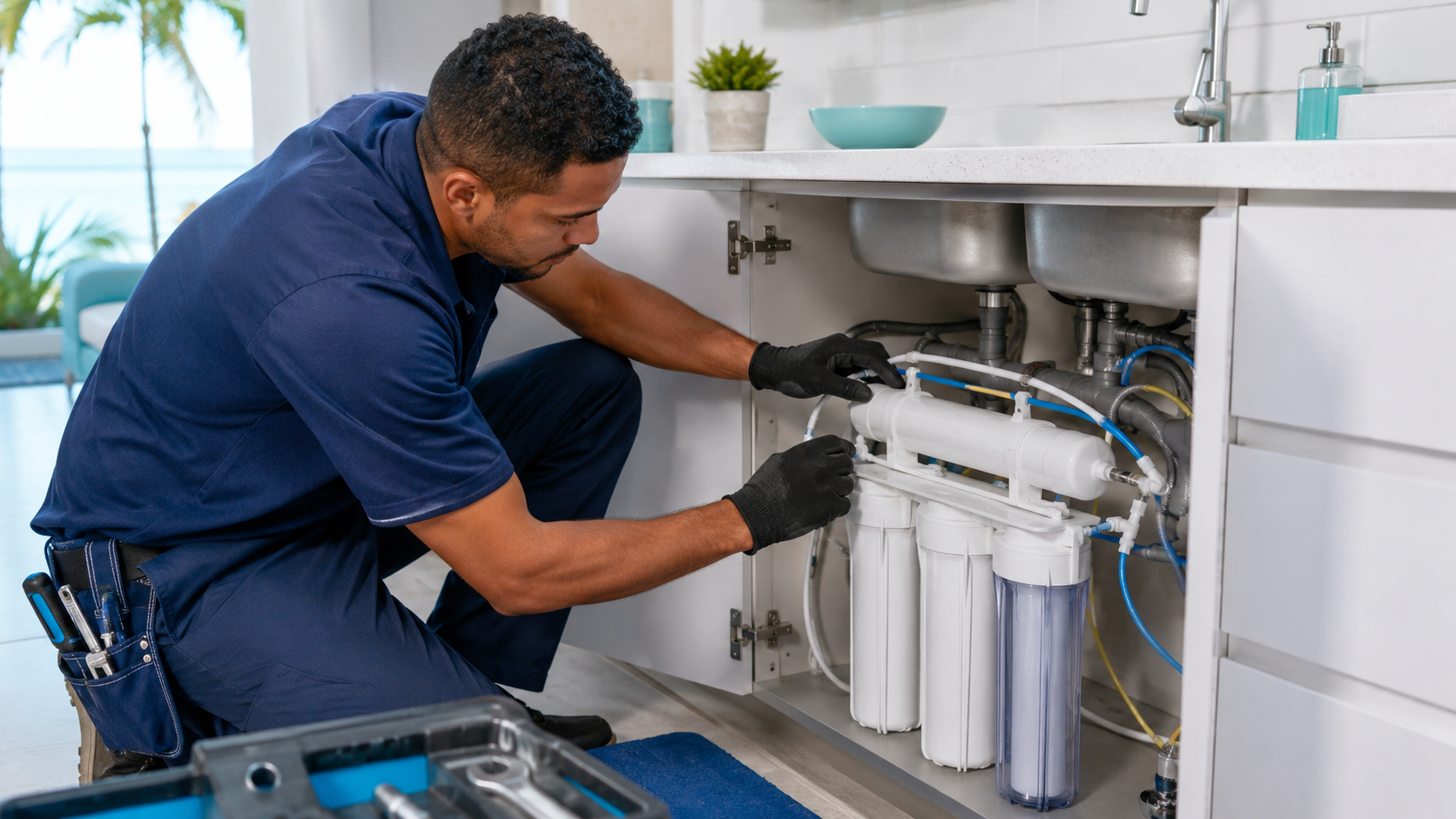 Técnico instalando un sistema residencial de ósmosis inversa